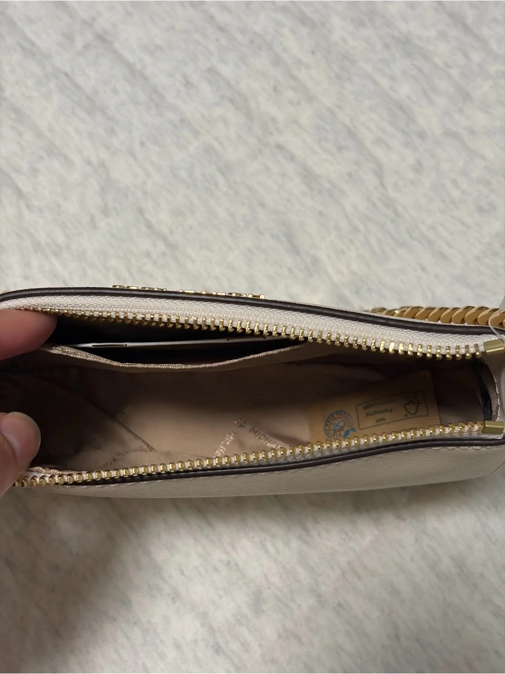 NWT Michael Kors Jet Set Sm MK Chain Pouchette Leather Light Cream with Gold